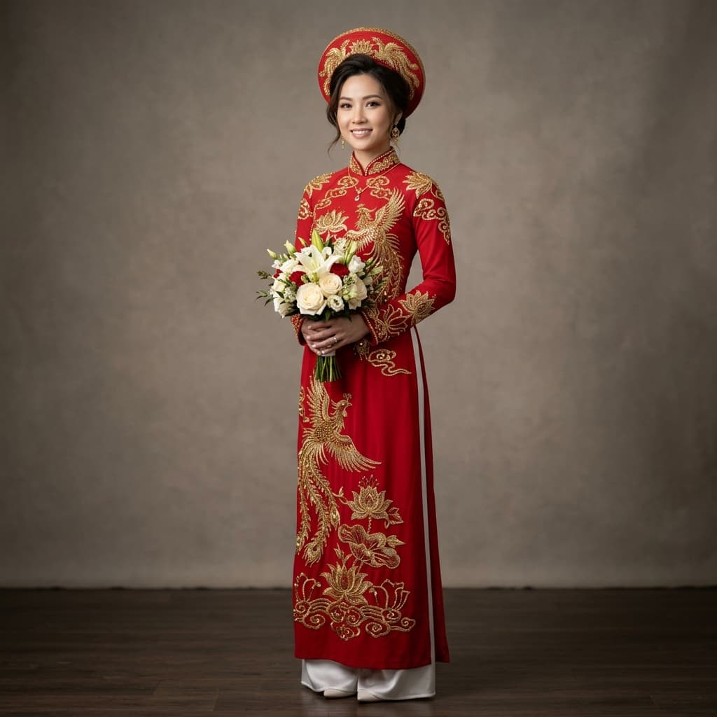 Áo Dài Cưới Gấm Hoa Quý Phái